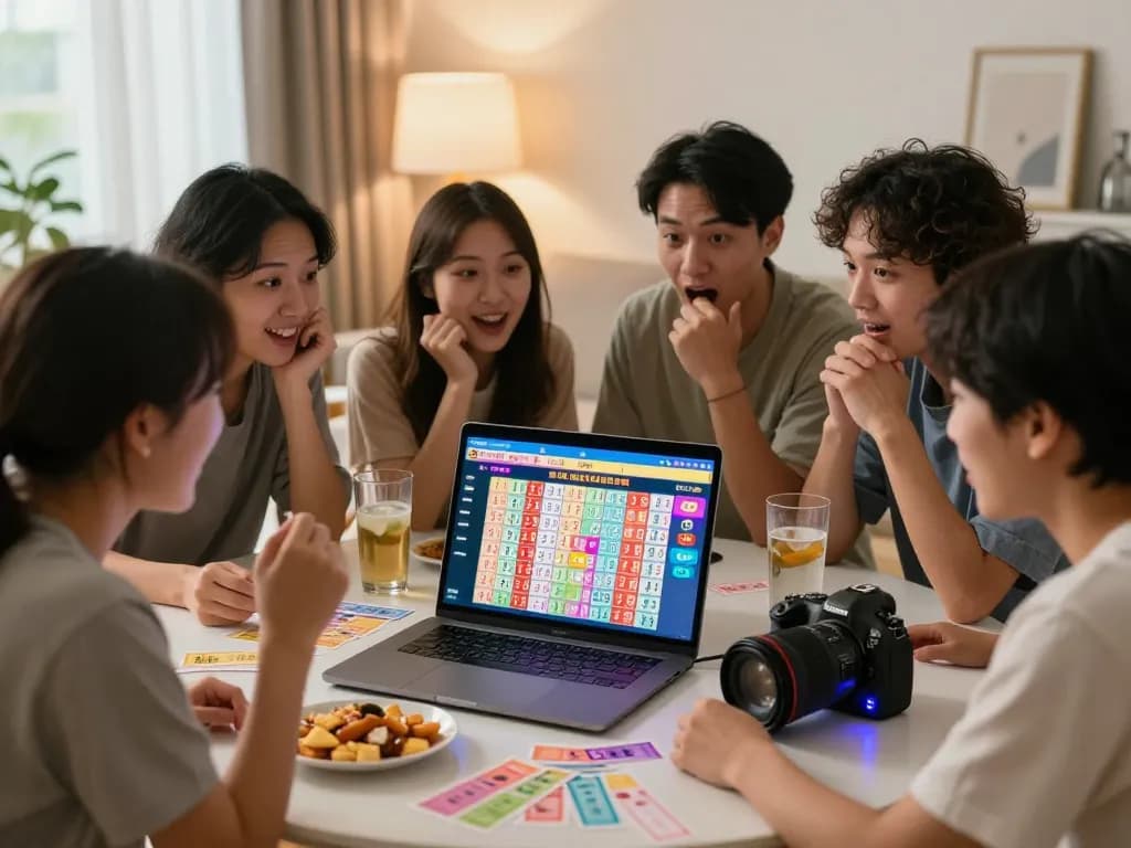 Excited friends watching HK lottery live draw results together, showcasing a lively gaming atmosphere.
