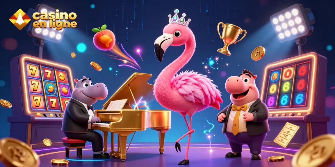 Une scène vibrante de casino en ligne illustrant une chanteuse flamant et un bassiste hippo, entourés de machines à sous et de monnaie d'or.