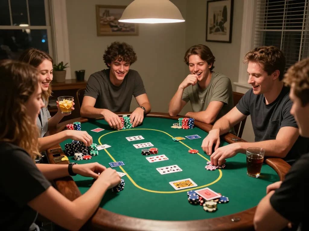 Friends enjoying a dynamic poker game at home, showcasing the excitement of gameplay and camaraderie, featuring the keyword m100 in the context of card strategies.