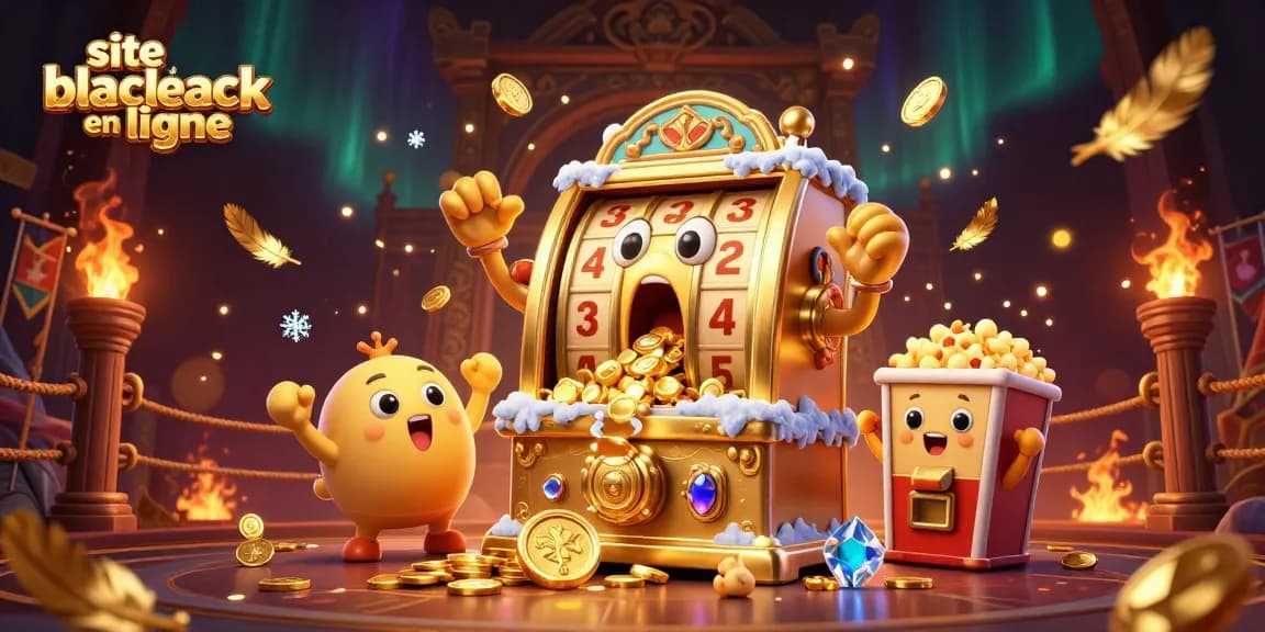 Jouez sur le site blackjack en ligne avec des machines à sous dorées et une ambiance festive.