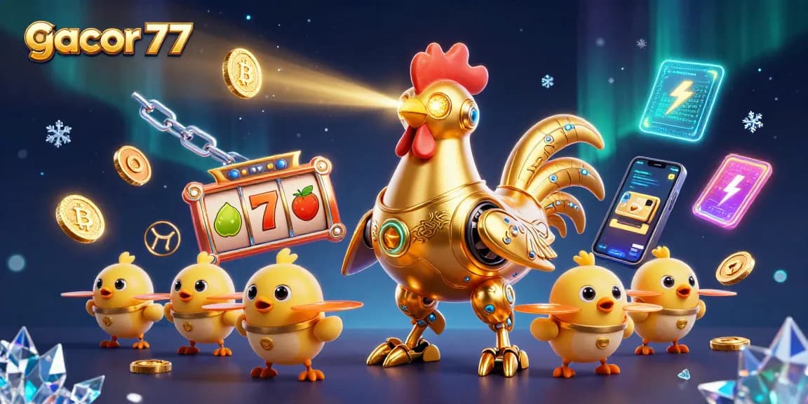 Gacor 77 menampilkan robot ayam emas futuristik dalam permainan slot dengan efek visual menarik.