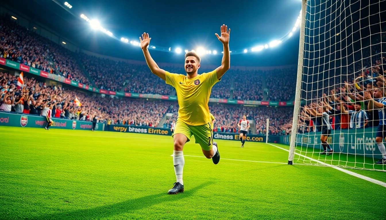 Celebrate football victories with ผลบอลบ้าน as a player scores in a vibrant stadium.