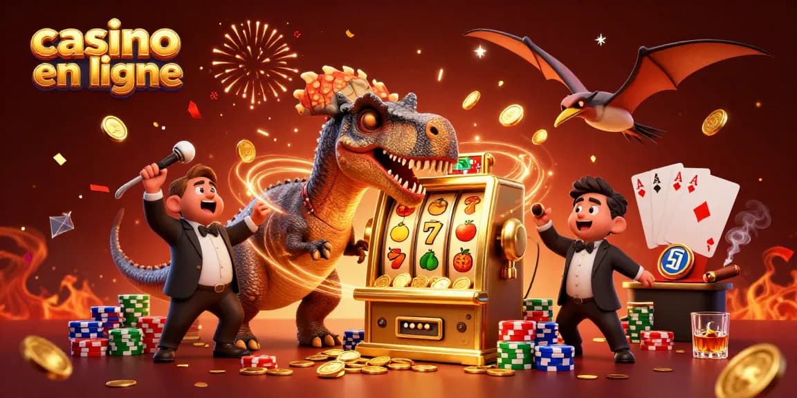 Découvrez l'animation dynamique d'un casino en ligne avec des personnages de dinosaures jouant aux machines à sous.