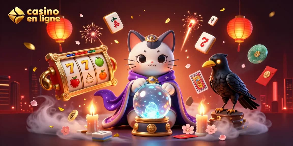 Vivez l’excitation du casino en ligne avec un chat mystique et un corbeau de tarot dans un décor enchanteur.