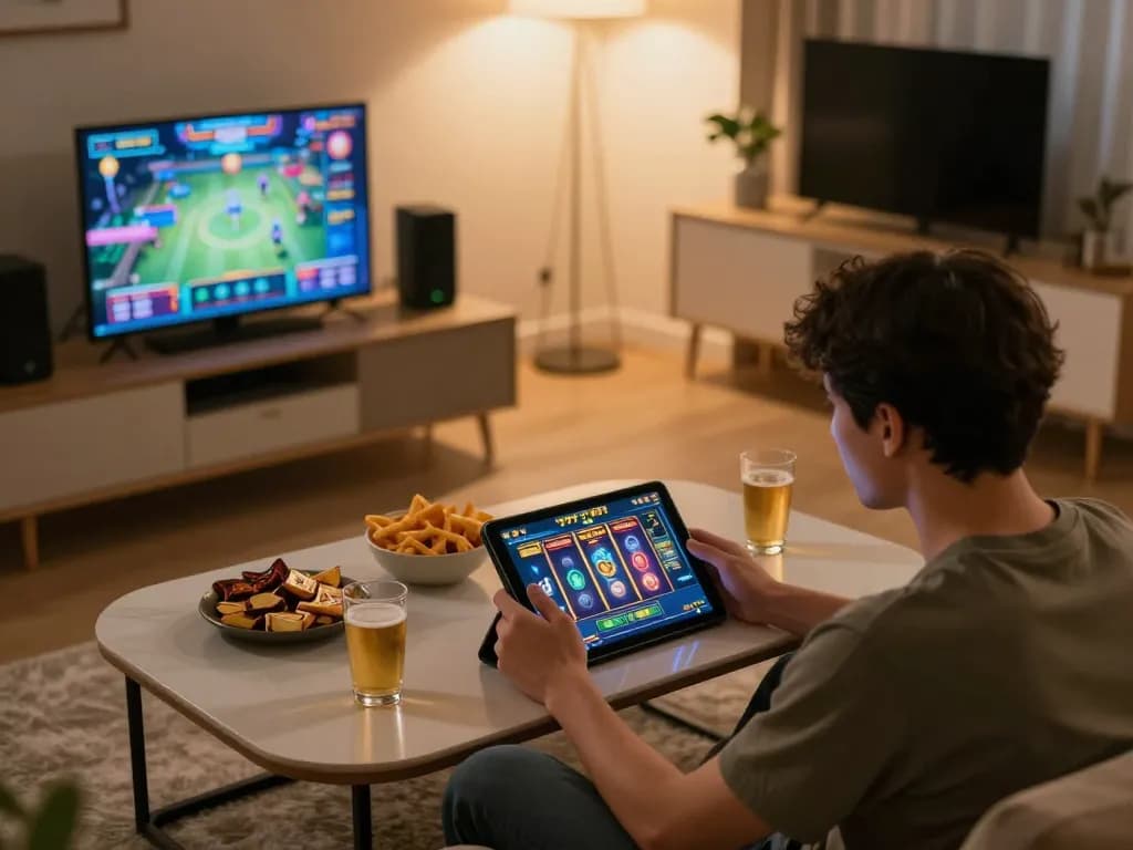 Engaging in slot77 gameplay on a modern tablet in a cozy home environment