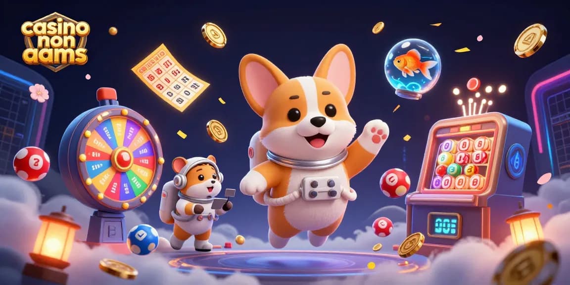 Gioca nei casino non AAMS mentre un corgi astronauta fluttua tra gettoni e monete dorate, in un casinò spaziale.