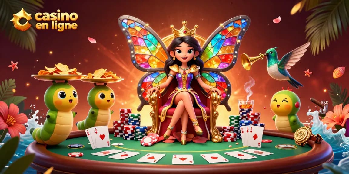 Casino en ligne animé avec une reine papillon et des serviteurs en train de servir des jetons sur une table de poker.