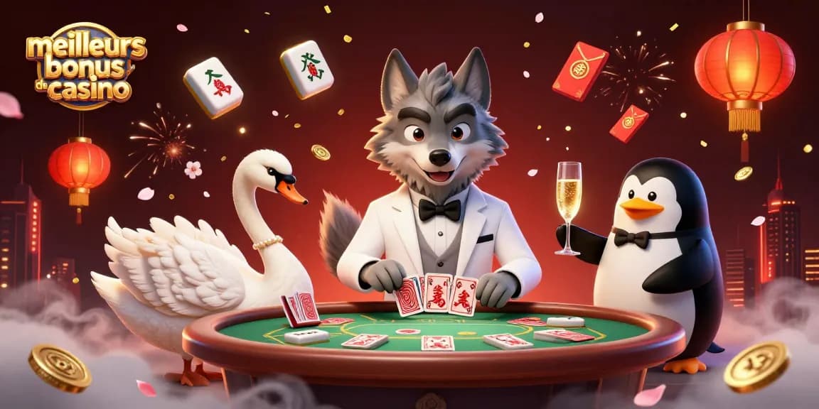 Meilleurs bonus de casino : un loup en costume, une cygne dealer et un pingouin sommelier célébrant une victoire