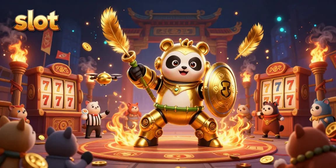 Putaran slot di arena dengan robot panda emas beraksi, dikelilingi penggemar dan koin keberuntungan.