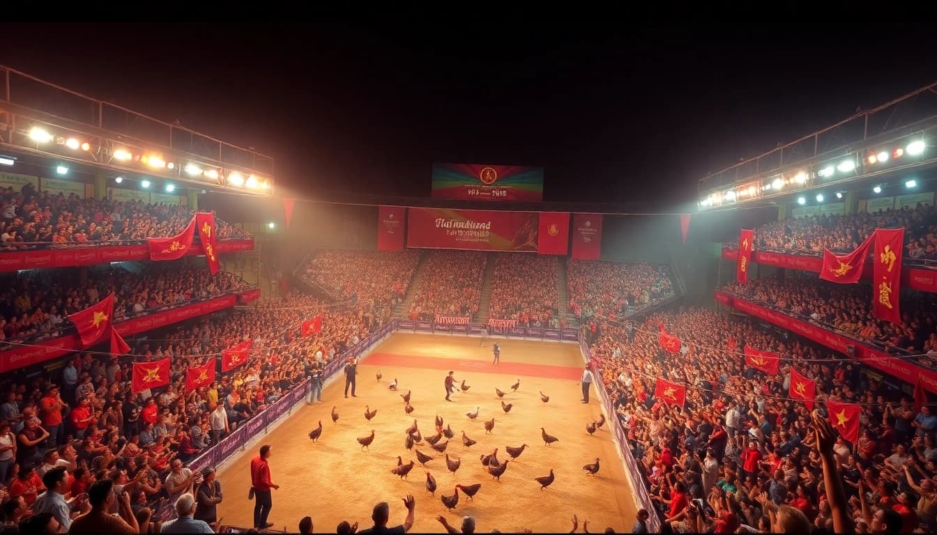 Exciting live cockfighting event at SV368 with vibrant crowd and traditional elements.
