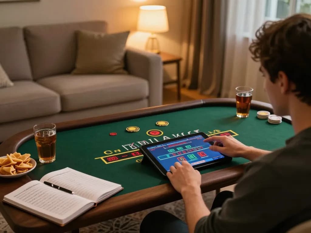 Player enjoying interactive RR88 casino gaming experience at home with strategy notes.