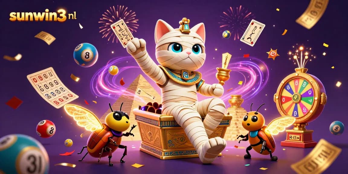 Engage with sunwin3 nl to experience vibrant gaming with the 3D cartoon Egyptian mummy cat in a pyramid casino setting.