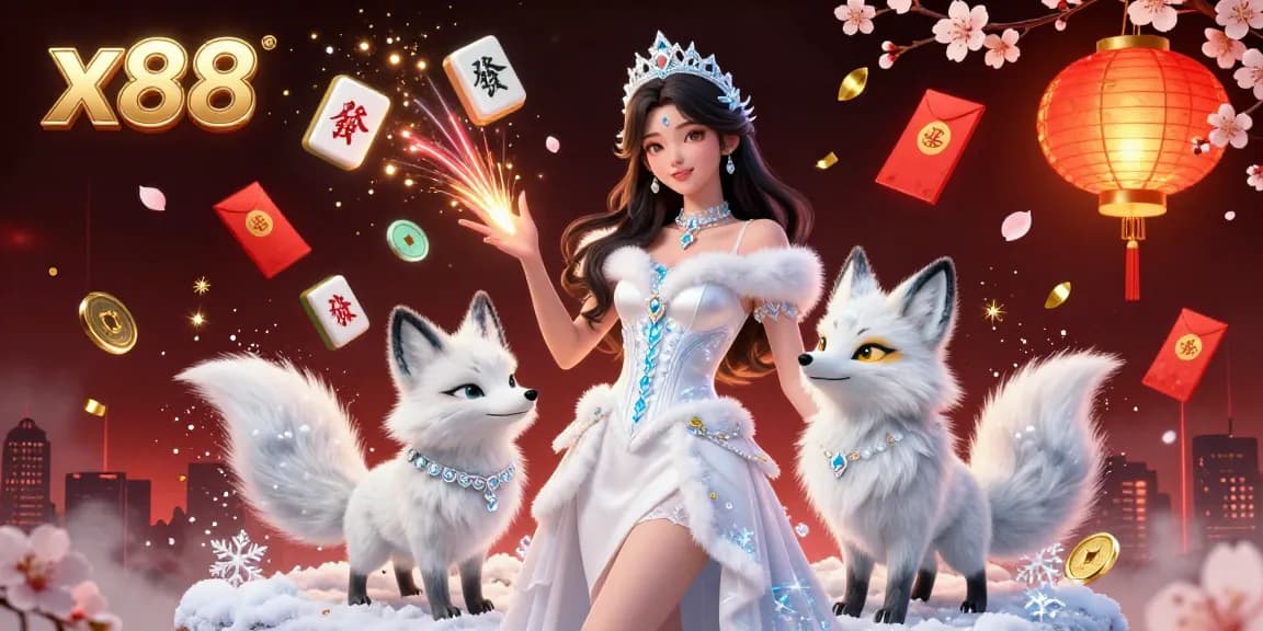 Experience the captivating world of x88 with a stunning 3D illustration featuring an ice queen and her fox companion amidst exciting casino elements.