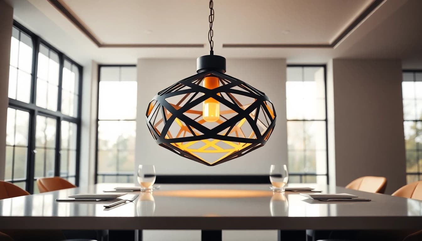 Stylish black and gold light fixture enhancing elegance in a modern dining space.