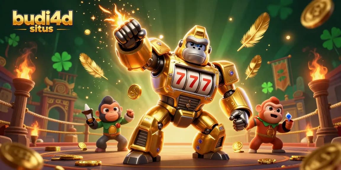 Experience the thrill of budi4d situs with a golden gorilla mech in a vibrant casino scene.