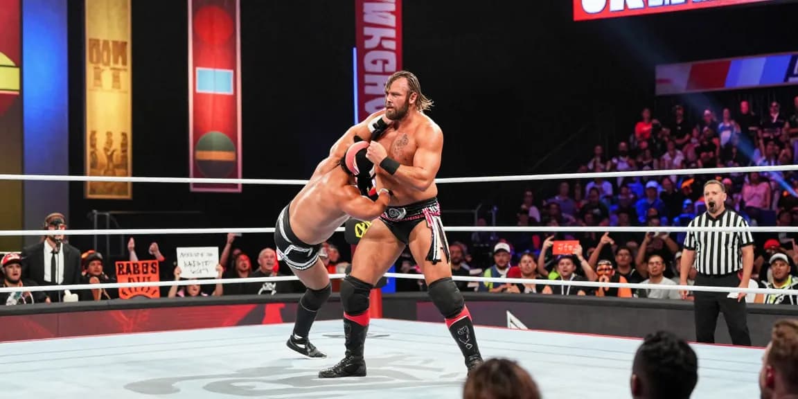 LA Knight executing a signature move during a wrestling match, showcasing dynamic energy and audience engagement.
