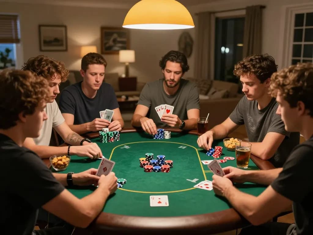 Friends strategizing in a thrilling poker game at home, highlighting the engaging atmosphere of 888top gaming.