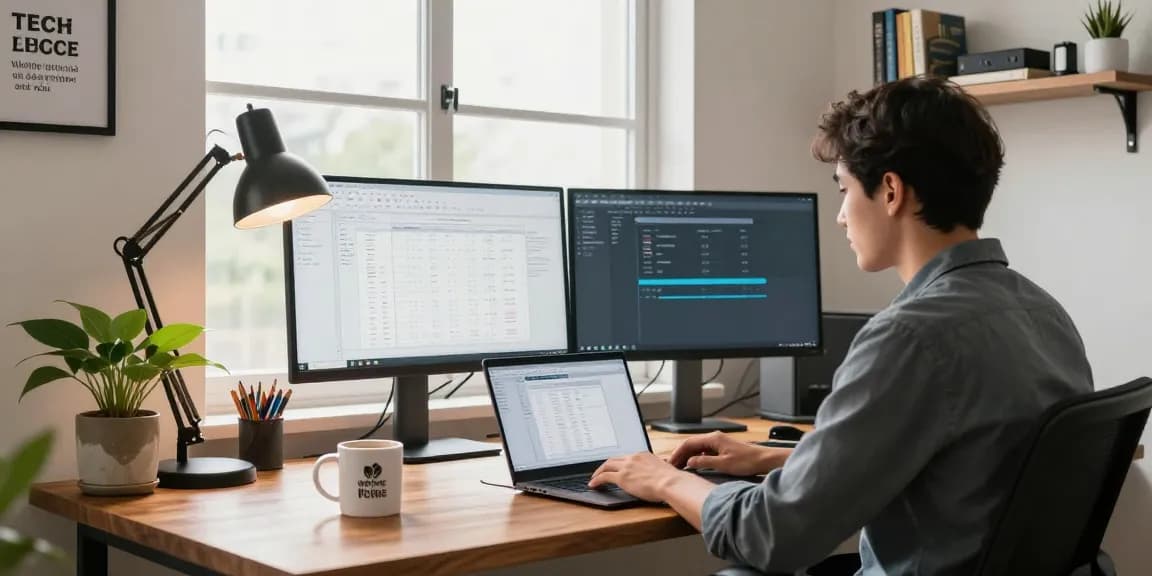Download WPS Office in a modern home office scene with a young professional focused on productivity.