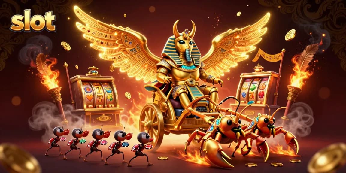 Spin the slot with a 3D golden scarab and jewel-encrusted scorpions in a vibrant casino scene.