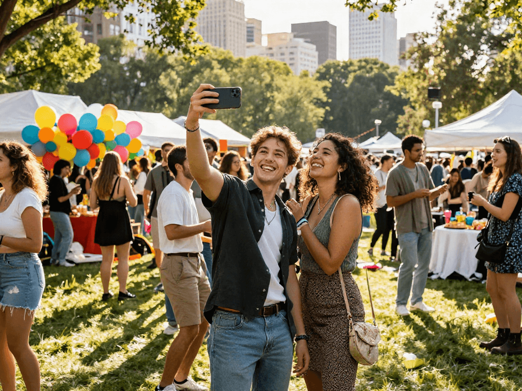 Young person at a park celebrating with friends, looks like a celebrity captured in a sunny selfie.