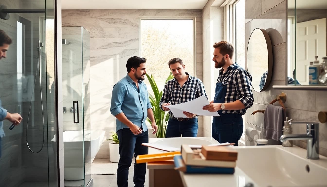 Bathroom remodeling contractors collaborating on a modern bathroom design, showcasing professional expertise.
