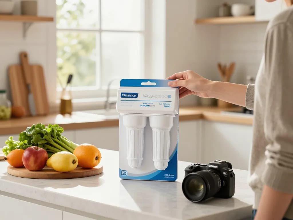 Waterdrop DA29-00020B Refrigerator Water Filter on kitchen counter, showcasing its benefits for clean drinking water.