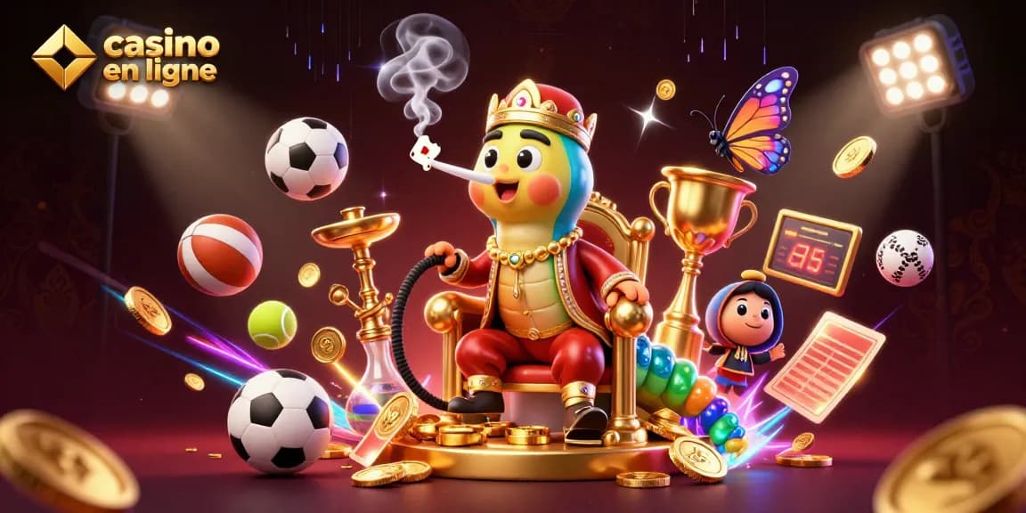 Visuel coloré de casino en ligne avec un personnage sultan et des éléments de jeu dynamique