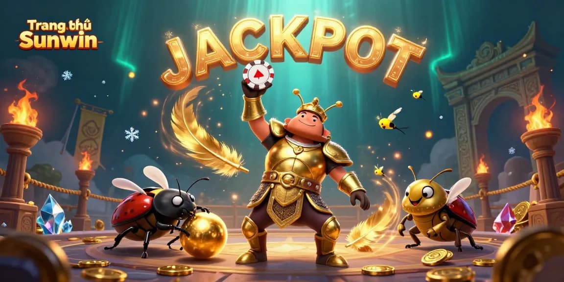 Experience excitement with Trang chủ Sunwin, showcasing a beetle hero celebrating winnings amidst vibrant casino elements.