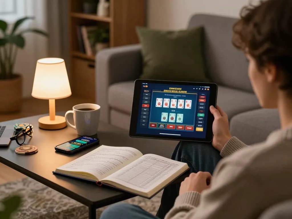 Engaging online gaming moment showcasing casino non aams europei on a tablet with strategic notes in a cozy living room.