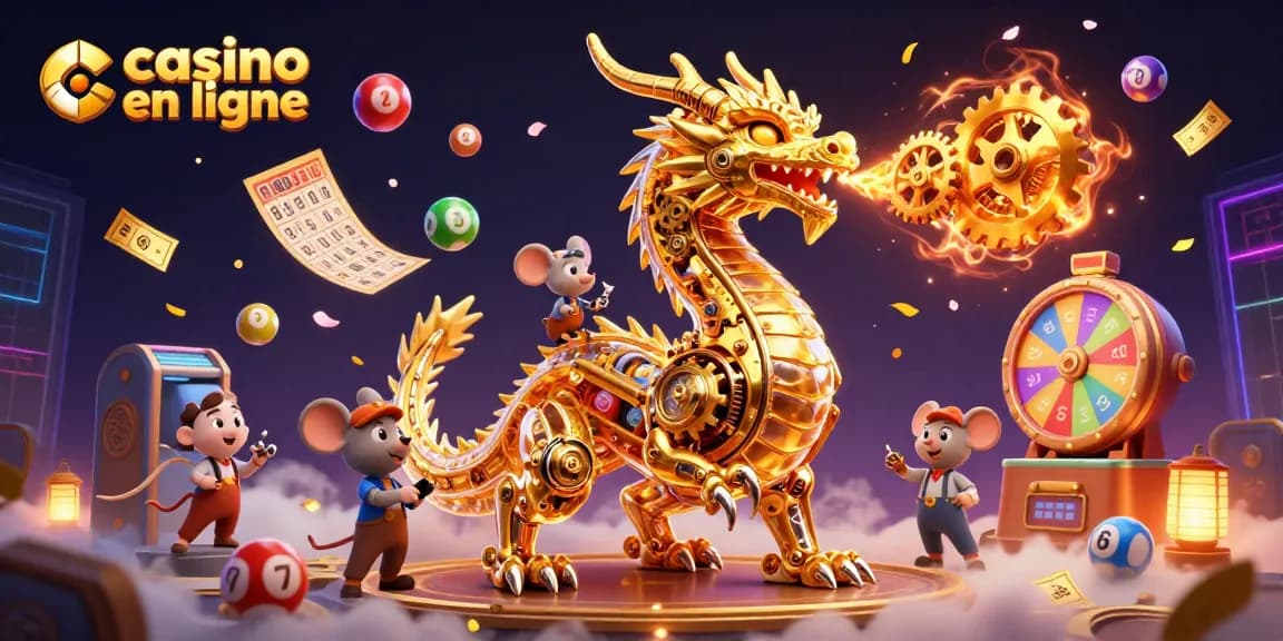 Des éléments de jeux de casino en ligne, tels qu'un dragon mécanique et des boules de loterie colorées.