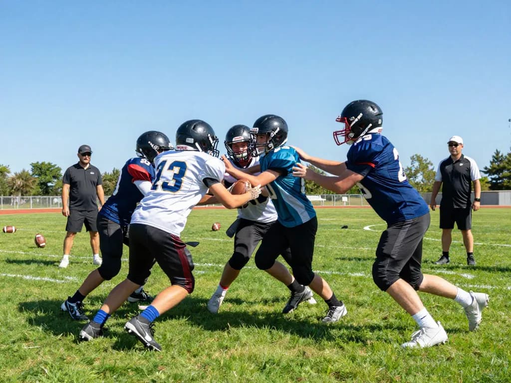 Young athletes practicing with shoulder braces for football during a sunny outdoor scrimmage, showcasing teamwork and athleticism.
