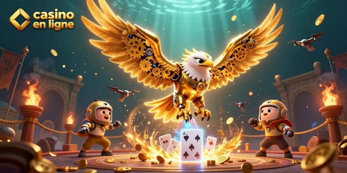 Jouez au casino en ligne avec cette illustration dynamique représentant un aigle cybernétique.