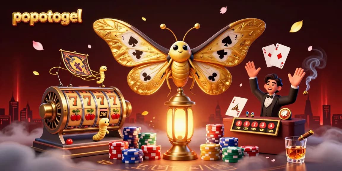 Engage with popotogel's vibrant casino scene showcasing an atlas moth and dynamic slot game elements.