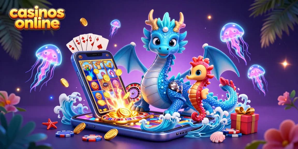 Juega en casinos online con un dragón y un caballito de mar en un entorno vibrante de juegos.