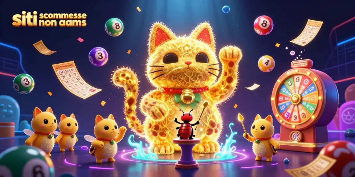 Scommetti con i migliori siti scommesse non AAMS, con un favoloso gatto portafortuna e simboli del casinò circondati da elementi vibranti e festosi.