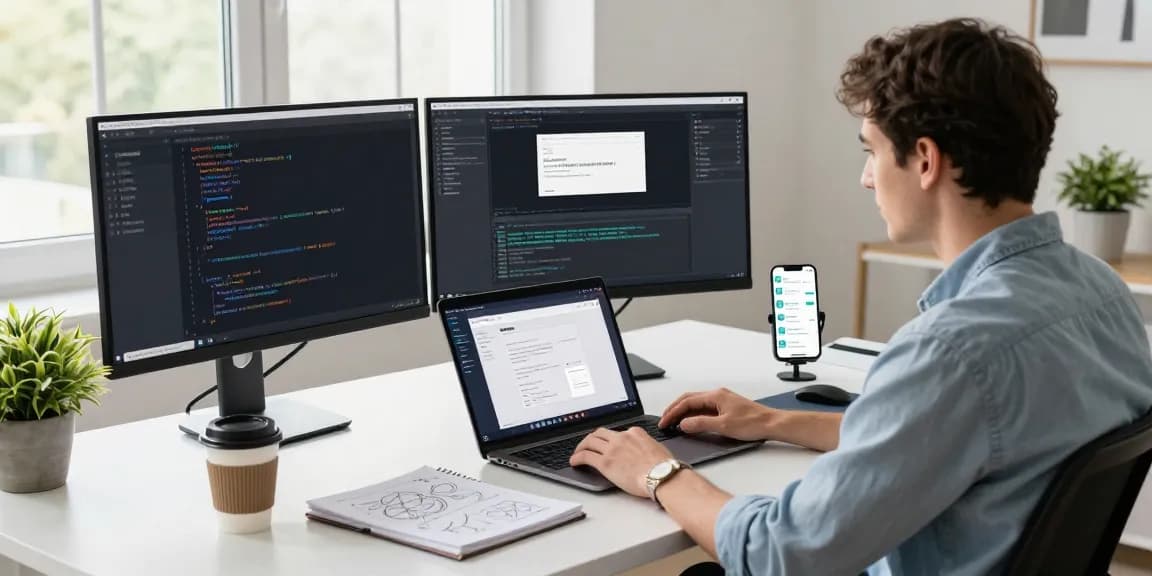 Developer coding for telegram中文版下载 app in a modern workspace with multiple screens.