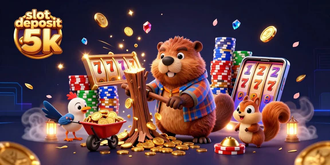 Spin to win with slot deposit 5k featuring a joyful cartoon beaver celebrating gold coins in a vibrant casino!