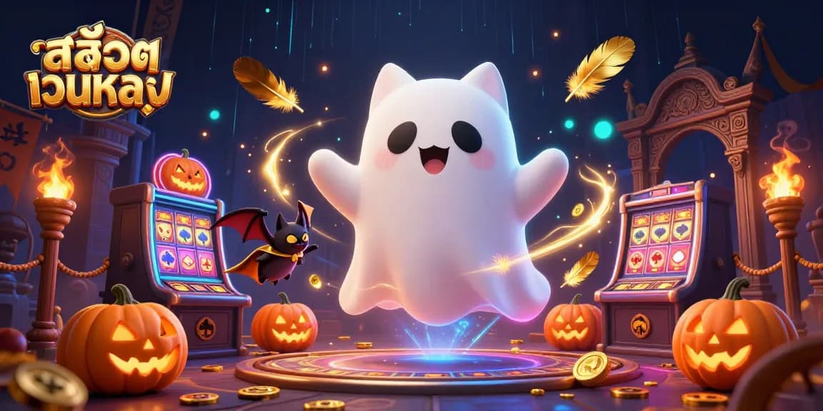 Experience สล็อตเว็บตรง gameplay with a ghost cat and bat in a vibrant haunted casino scene.