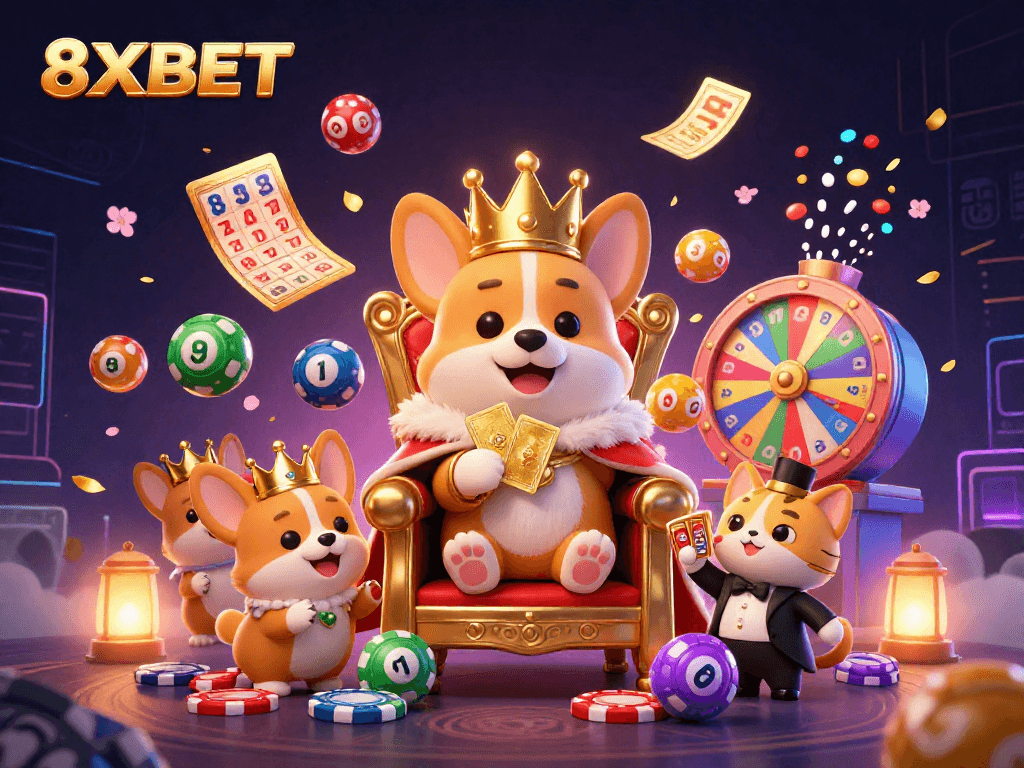 Engage with thrilling games at 8XBET, featuring corgis and dynamic lottery elements in a vibrant casino scene.