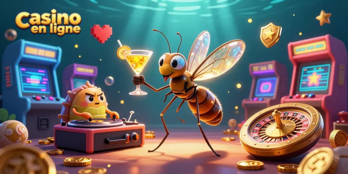 Découvrez le casino en ligne avec une scène dynamique de mascottes et éléments de jeux colorés.