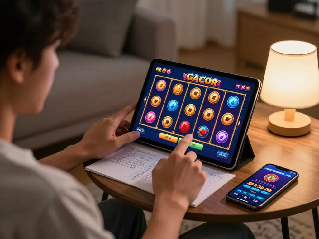 Pemain menikmati permainan slot gacor di tablet dalam lingkungan rumah yang nyaman, menyoroti permainan yang strategis.
