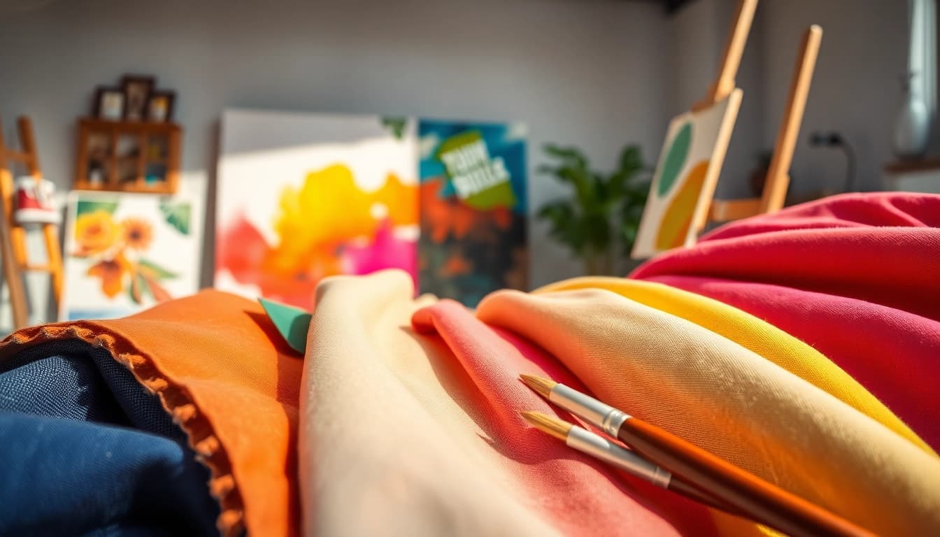 Canvas stoffen met diverse kleuren en texturen op een artistieke manier gepresenteerd.