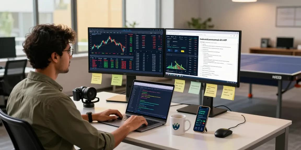 Developers utilizing the India stock fundamental data API at a tech workspace, showcasing real-time market data.