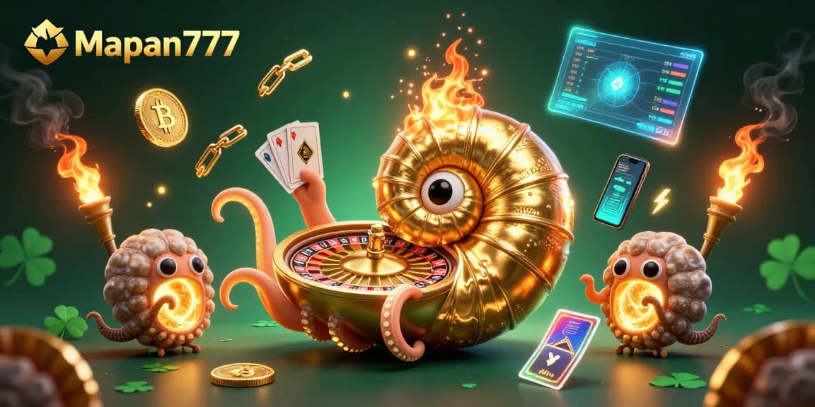 Experience the thrill of Mapan777 with a vibrant 3D casino scene featuring a giant nautilus and crypto elements.