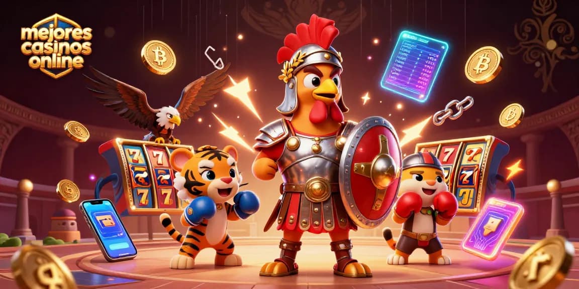 Representación de los mejores casinos online mostrando un gallo gladiador y elementos de slots.