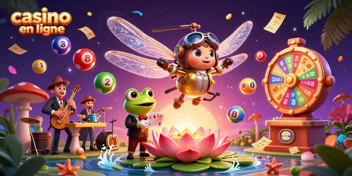 Vivez l'excitation du casino en ligne avec ce pilote libellule, croupier grenouille et musiciens!