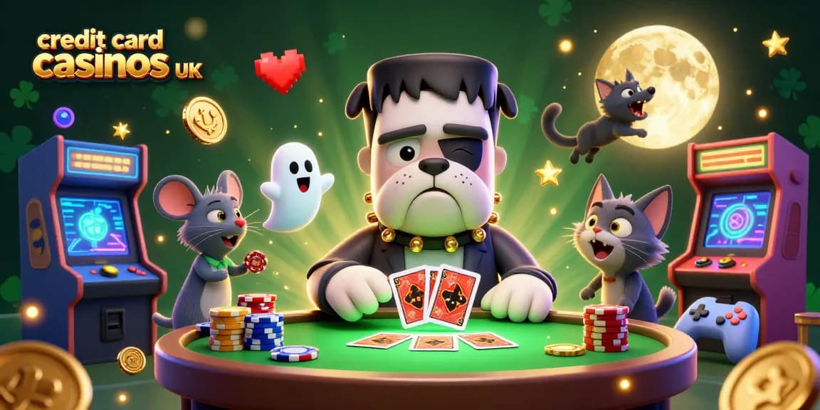 Engaging scene of credit card casinos UK with cartoon characters enjoying card games amidst colorful arcade elements.