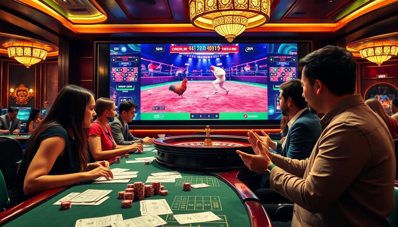 Engaged players at a nhà cái đá gà betting table, surrounded by casino excitement.