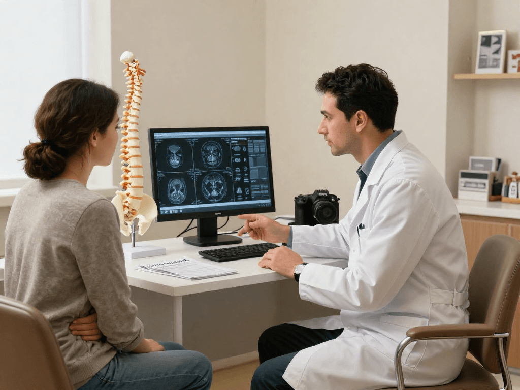 Discussion about Bel fıtığı ameliyatı in a modern healthcare office setting, featuring a surgeon and patient consultation.