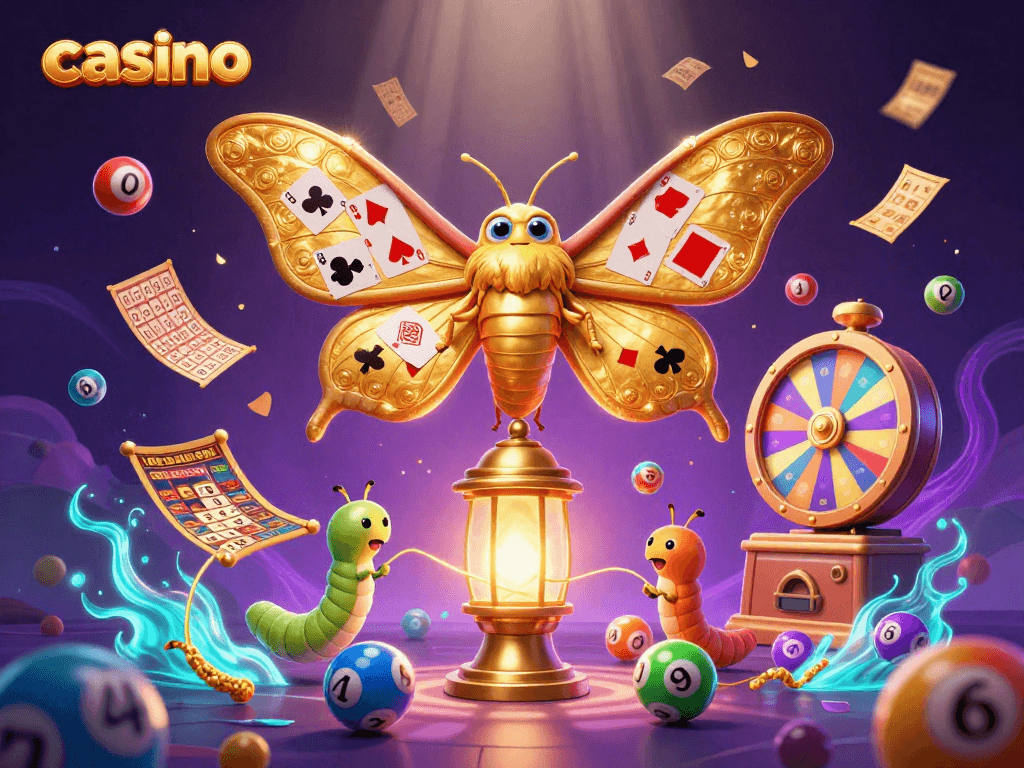 Engaging scene of casino-themed elements, featuring vibrant lottery balls and a majestic moth.